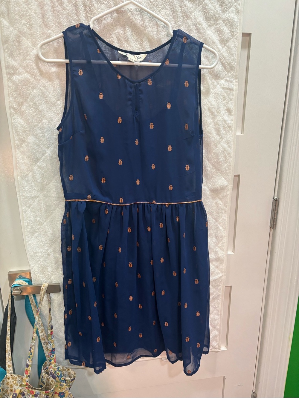 Yumi Navy Dress with copper Beetle Motif